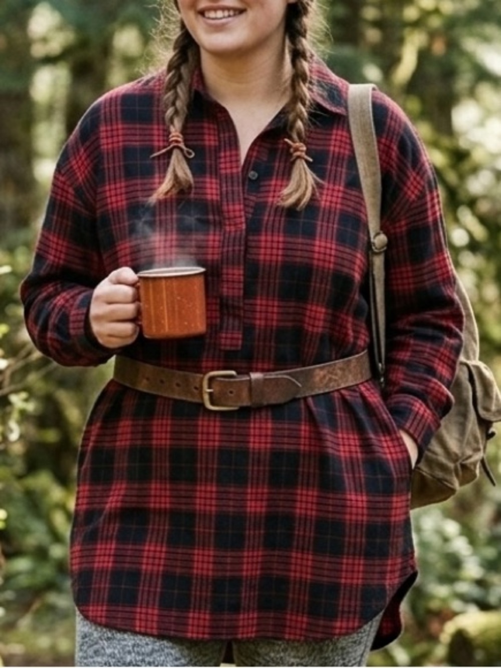 Timing Red Black Plaid Tunic Shirt Size L Cotton Flannel Long Sleeve